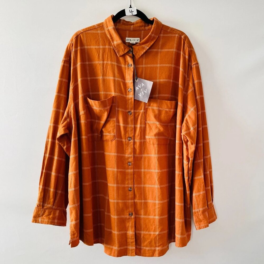 NWT Ava & Viv Womens Orange Long Sleeve Copper Plaid Button Up Shirt Size 2X